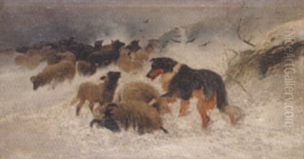 Sheep In A Snowstorm, The Rescue Oil Painting by Frederick E. Valter