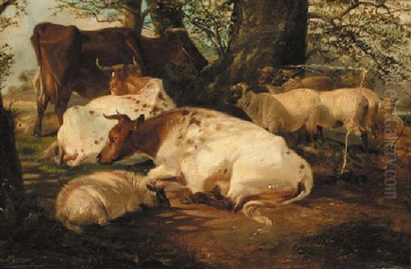 Sheep And Cattle Resting In The Shade Oil Painting by Frederick E. Valter