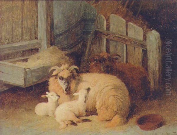 Sheep Resting In A Barn Oil Painting by Frederick E. Valter