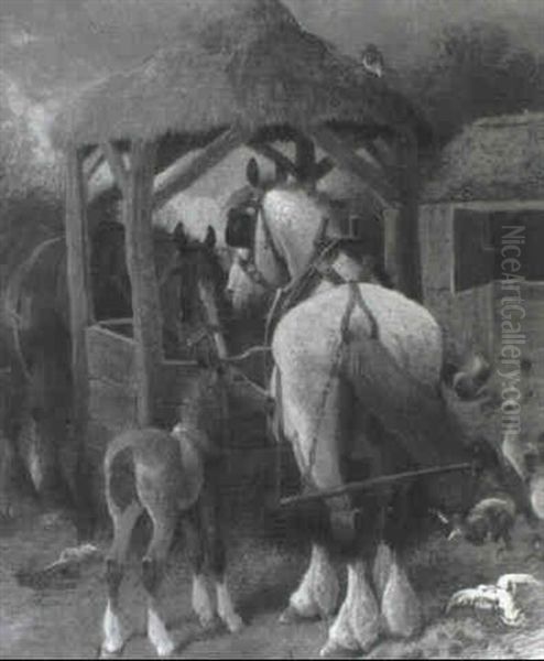 Workhorses And A Foal At A Well Oil Painting by Frederick E. Valter