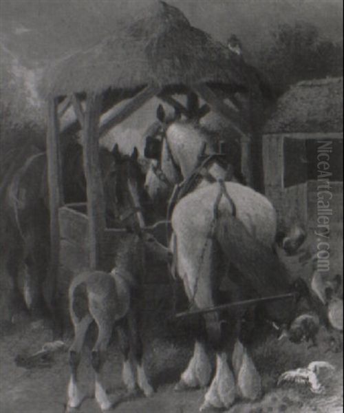 Workhorses And A Foal At A Well Oil Painting by Frederick E. Valter