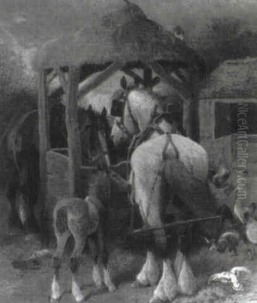 Workhorses And A Foal At A Well Oil Painting by Frederick E. Valter