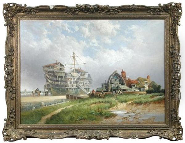 A Beached Hulk, Used As Cottages, At Sheringham, Norfolk Oil Painting by Henry Valter