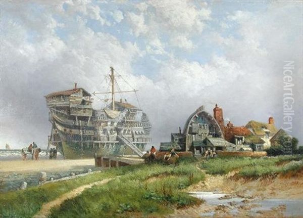 A Beached Hulk, Used As Cottages, At Sheringham, Norfolk Oil Painting by Henry Valter