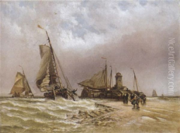 A Dutch Schuyt Entering Harbour Oil Painting by Henry Valter