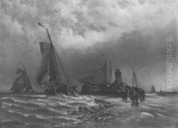 A Dutch Schuyt Entering Harbour Oil Painting by Henry Valter