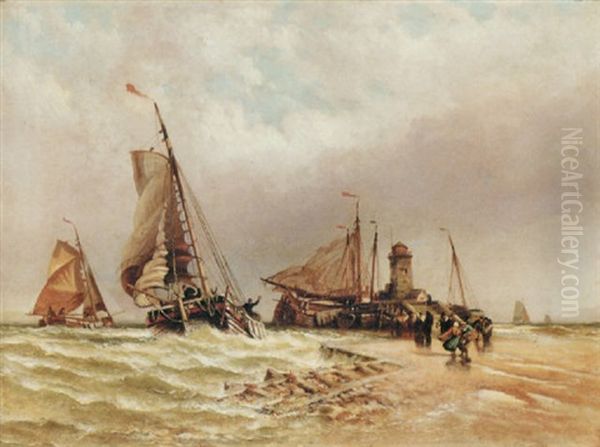 A Dutch Schuyt Entering The Harbour Oil Painting by Henry Valter