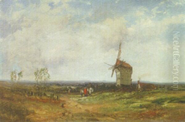 Figures On A Country Road By A Windmill Oil Painting by Henry Valter