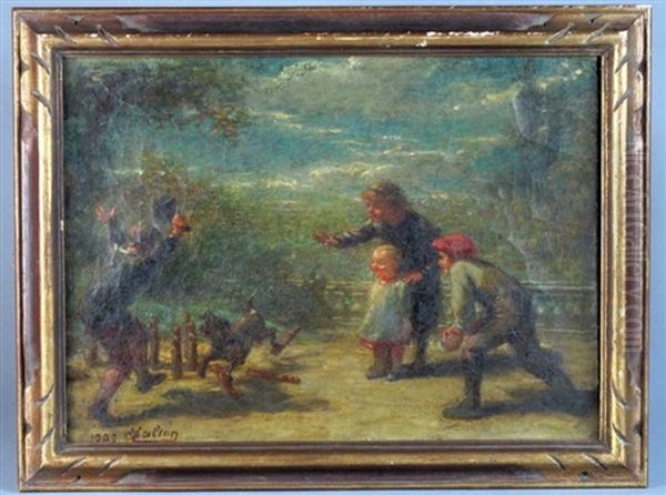 Enfants Jouant Au Ballon Avec Un Chien Oil Painting by Edmond Eugene Valton