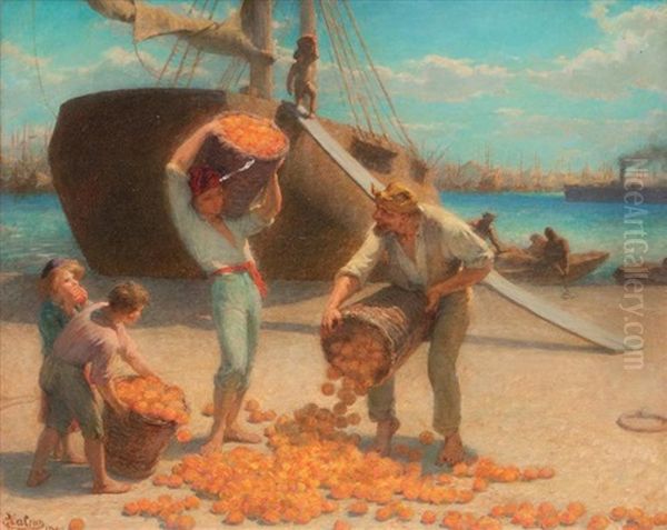 Le Dechargement Des Oranges A Marseille Oil Painting by Edmond Eugene Valton