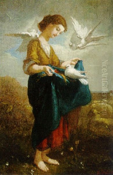 A Girl Feeding Doves Oil Painting by Edmond Eugene Valton