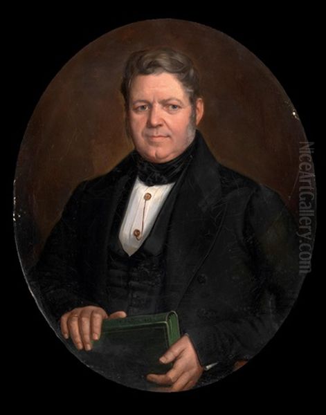 Portrait Of A Gentleman, In A Black Suit And Waistcoat Holding A Green Book Oil Painting by Henri Valton