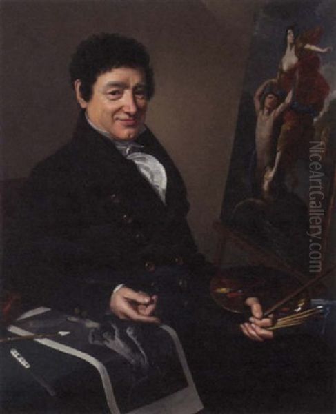 A Portrait Of The Painter Dominique Morlot, In His Studio, Wearing A Maroon Jacket And Holding His Palette Oil Painting by Henri Valton