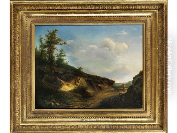 Vom Spatlicht Beleuchteter Hohlweg Mit Figurenstaffage Oil Painting by Henri Van Assche