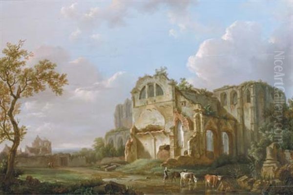 Cattle Crossing A Ford By A Ruin Oil Painting by Isabelle Catherine Van Assche