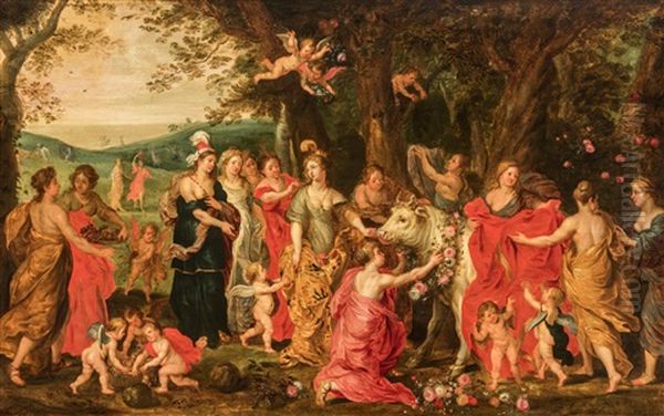 Europe's Maids Of Honour Crowning Jupiter With Flowers Oil Painting by Hendrick van Balen