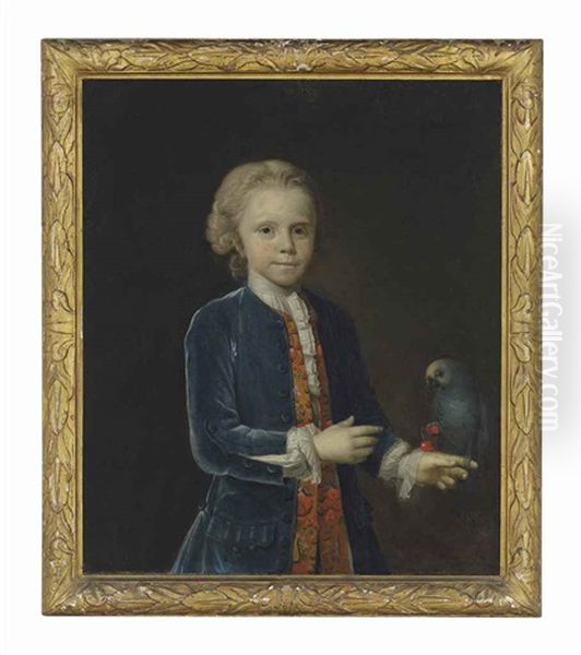 Portrait Of A Boy, Three-quarter-length, In A Blue Velvet Coat And Embroidered Waistcoat, With A Parrot Resting On His Left Hand Oil Painting by Richard Van Bleek