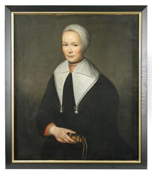 Portrait Of A Lady, Half Length, In Black With A White Cap And Collar, Holding A Bible Inscribed With A 