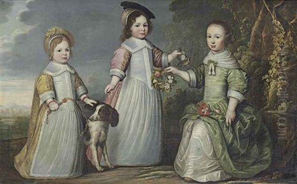 Group Portrait Of Antonius, Henricus And Agnes Norff, Full-length, In A Yellow, A Pink And A Green Dress, With A Dog And A Goldfinch... Oil Painting by Lucas van de Kaey