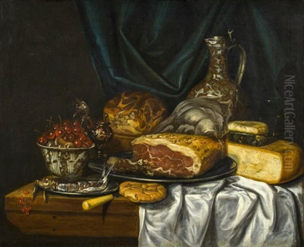 Stillleben Mit Schinken, Kase, Brot, Kirschen Und Geschirr Oil Painting by Jan van Gotingh