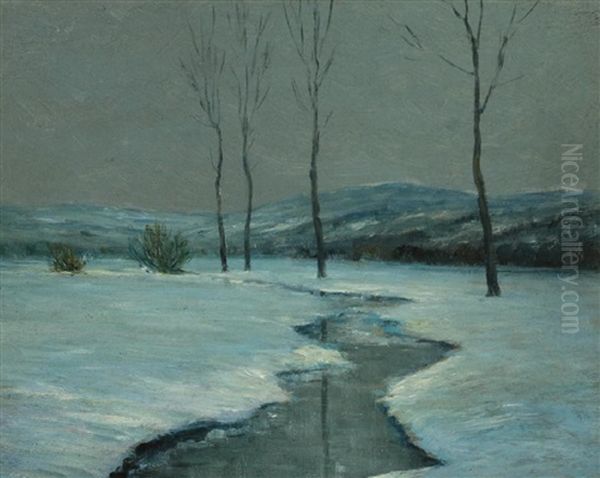 An Untitled Snowy Landscape With Stream Oil Painting by George van Millett