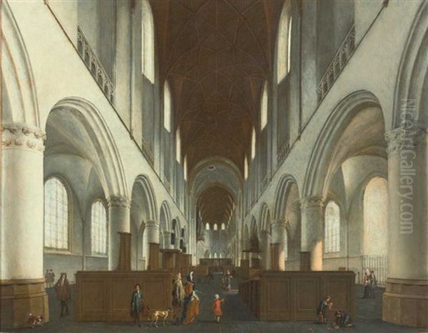 Blick In Die Kirche St. Bavo In Haarlem Mit Besuchern Und Hunden Oil Painting by Isaak van Nickelen