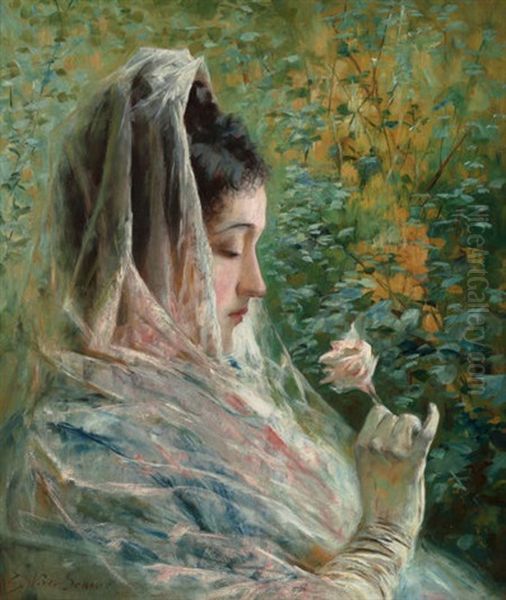 Woman Contemplating A Rose Oil Painting by Stephen Wilson Van Schaick