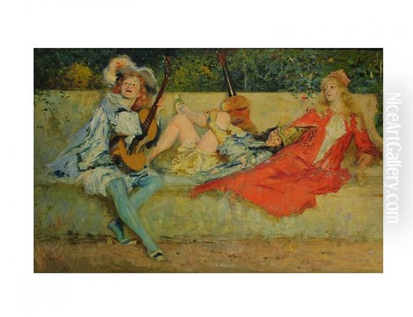 Pre-raphaelite Figures On A Garden Bench Oil Painting by Stephen Wilson Van Schaick