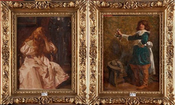 Le Mousquetaire Et Jeune Fille Assise (pair) Oil Painting by Gustave Vanaise