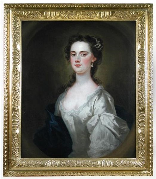 Portrait Of Mary Thompson, Half Length, In White With Pearls In Her Hair Oil Painting by John Vanderbank the Younger