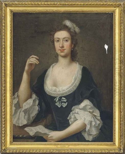 Portrait Of A Lady, Half-length, In A Blue Dress With Lace Trim, Her Right Arm Resting On A Keyboard And A Musical Score In Her Right Hand Oil Painting by John Vanderbank the Younger