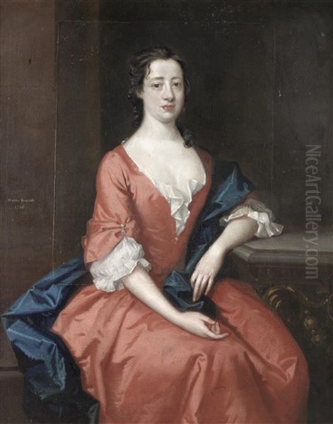 Portrait Of Martha Radcliffe, Three-quarter-length, In A Red Dress And A Blue Wrap, Seated At A Table Oil Painting by John Vanderbank the Younger