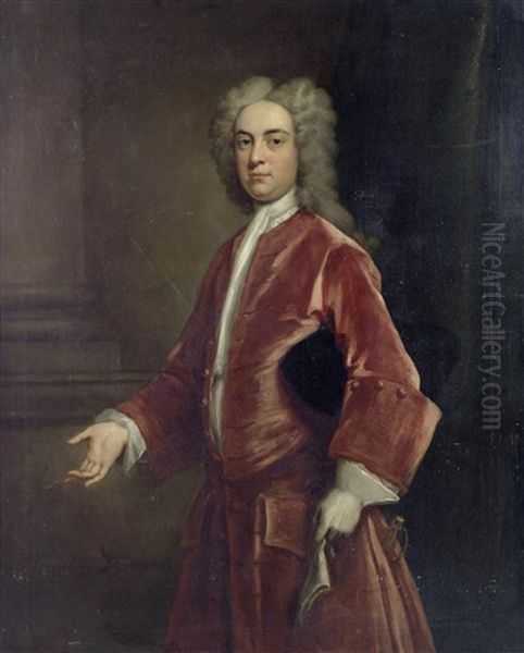 Portrait Of A Gentleman, Three-quarter-length, In A Red Velvet Coat, Standing Before A Column Oil Painting by John Vanderbank the Younger