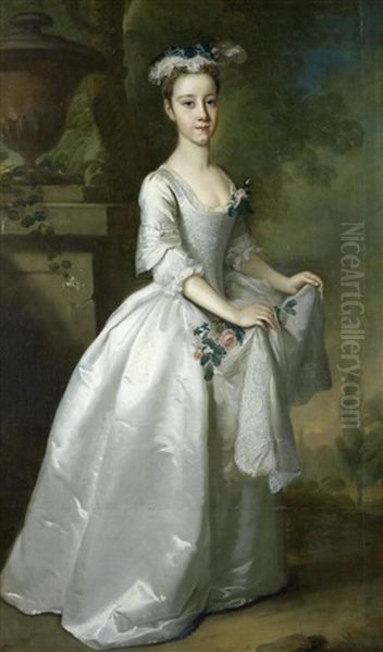 Portrait Of Martha Fursman, Full-length, In A White Dress, Standing In A Landscape Beside An Urn On A Plinth Oil Painting by John Vanderbank the Younger