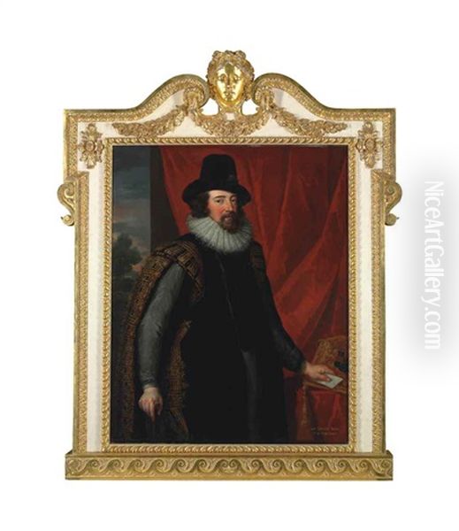 Portrait Of Sir Francis Bacon (1561-1626), Three-quarter-length, In Lord Chancellor's Robes, Before A Red Curtain, A Wooded Landscape Beyond by John Vanderbank the Younger