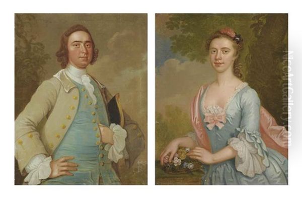 Portrait Of A Gentleman, Half-length, In A Grey Coat And Blue Waistcoat...(+ Portrait Of A Lady, Half-length, In A Blue Dress...; Pair) Oil Painting by John Vanderbank the Younger