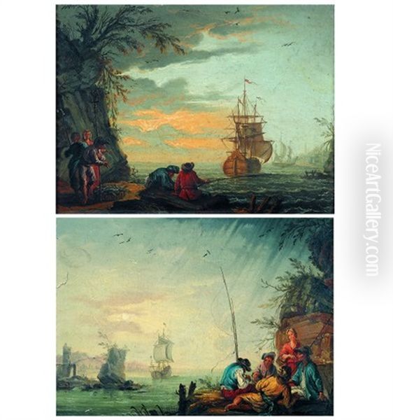 Scene De Ports Mediterraneens Animes De Pecheurs (pair) Oil Painting by Dominique Joseph Vanderburch