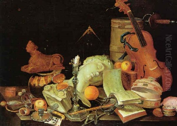 Nature Morte Med Antik Buste, Musikinstrumenter, Spillekort Og Skaller Pa En Stenkarm Oil Painting by Dominique Joseph Vanderburch