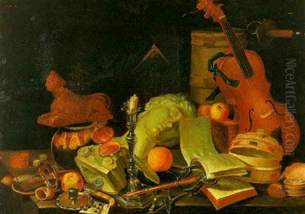 Nature Morte Au Buste Antique, Instruments De Musique Et Argenterie Oil Painting by Dominique Joseph Vanderburch