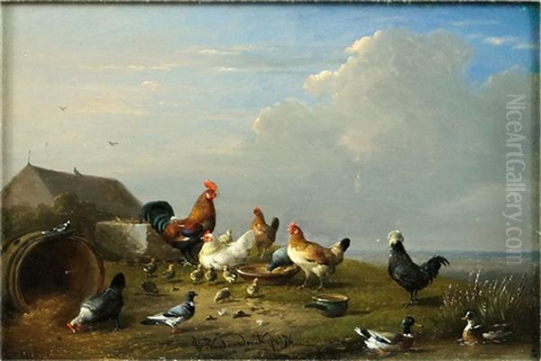 Barnyard Fowl Oil Painting by Francois Vandercerdonck