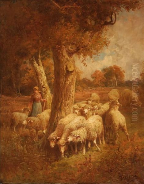 A Shepherdess With Sheep In A Forest Clearing Oil Painting by Max Breu