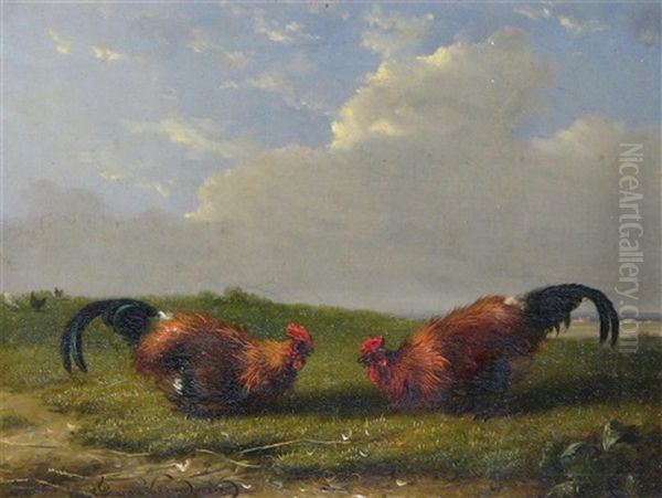 Cock Fighting Scenes (pair) Oil Painting by Francois Vandeverdonck