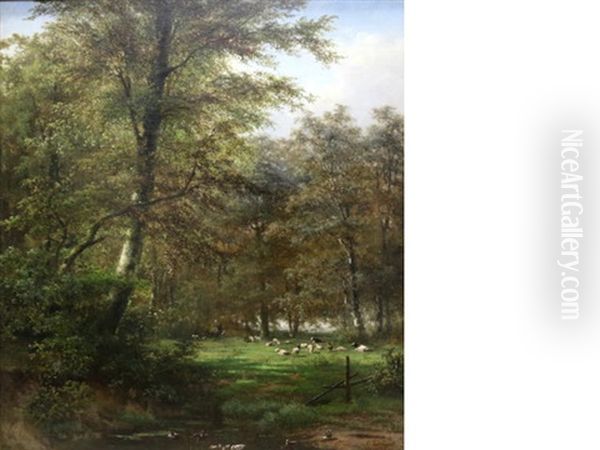 A Wooded Landscape With Sheep And Cattle In A Meadow Oil Painting by Francois Vandeverdonck