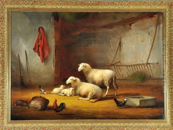 Schafe, Huhner Und Hase Im Stall Oil Painting by Francois Vandeverdonck