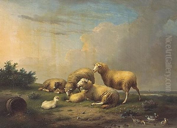 Sheep And Ducks In An Extensive Landscape Oil Painting by Francois Vandeverdonck