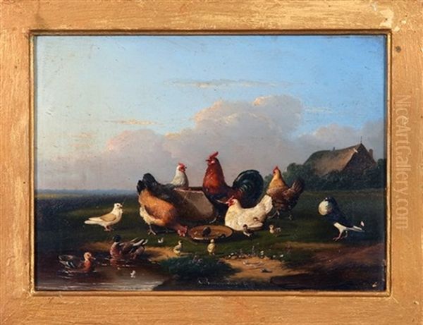 Chickens, Ducks, And Pigeons, With Thatch-roof Building In Background Oil Painting by Francois Vandeverdonck