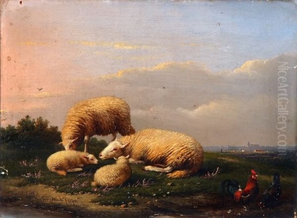 Sheep And Chickens, With Town In Distant Background Oil Painting by Francois Vandeverdonck