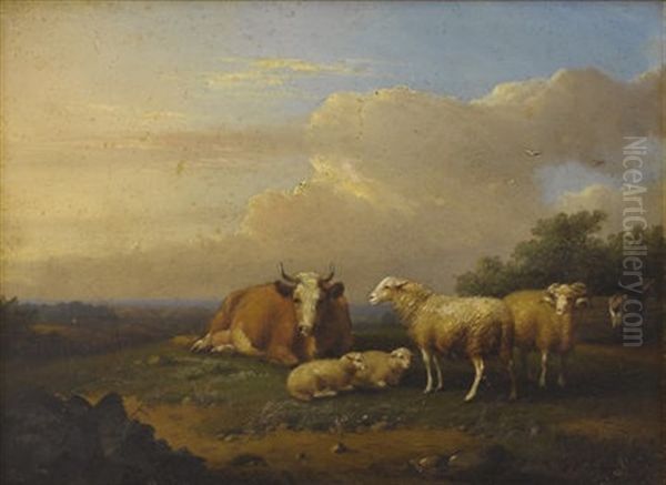 Sheep And Cow Oil Painting by Francois Vandeverdonck