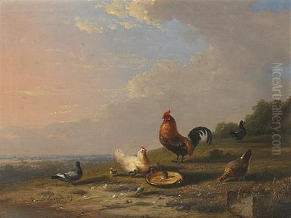 Chickens And A Pigeon In A Landscape Oil Painting by Francois Vandeverdonck