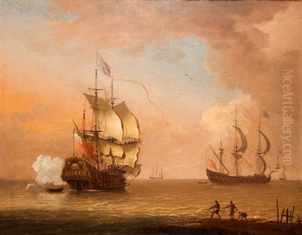 A Man-o-war Firing A Salute With Figures On The Shore Line Oil Painting by Adriaen Vandiest